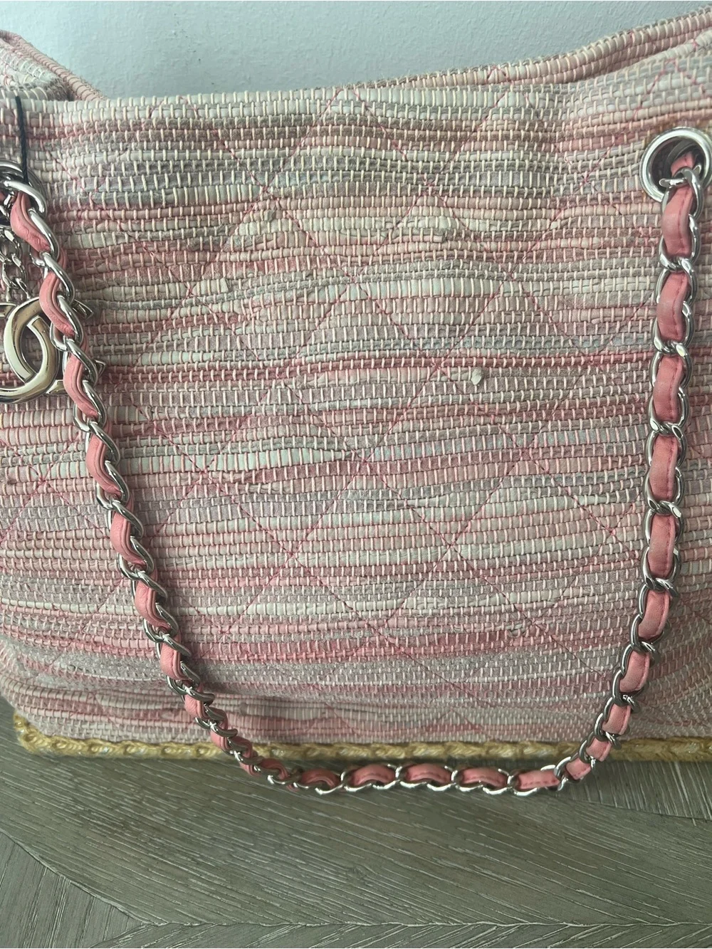 CHANEL Pink & Beige Woven Tote with Chain-Strap